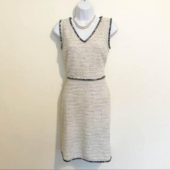 LOFT Boucle White & Blue Fringe Knit Striped Jumper Dress, 0, NWT! - Picture 3 of 9